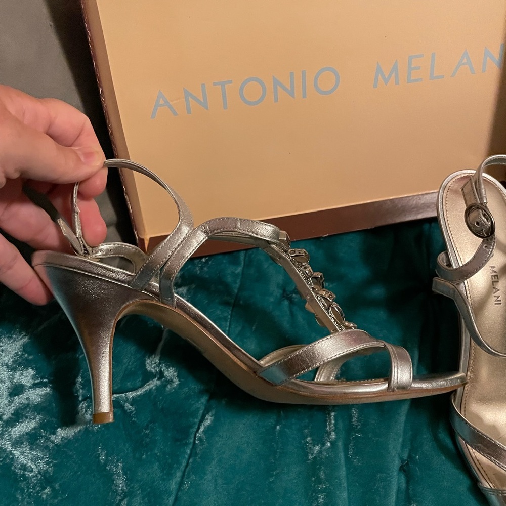 Antonio Melani silver and rhinestone low heel dressy sandal. - Picture 5 of 6